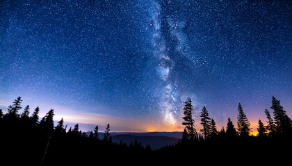 Wall Mural - Stunning Night Sky Filled With Stars And The Milky Way Over A Silhouetted Forest