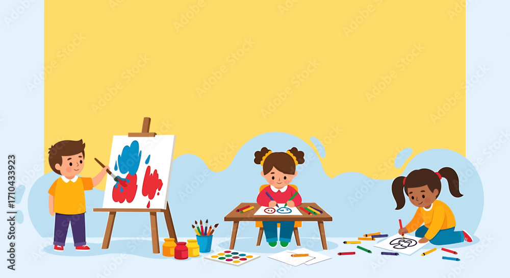 Happy diverse children enjoying art class, painting and drawing ...