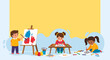© Aris - Happy diverse children enjoying art class, painting and drawing together. A colorful vector illustration of kids' creativity and learning