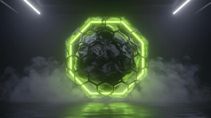 Abstract Black Sphere Enclosed In Green Hexagonal Frame With Fog