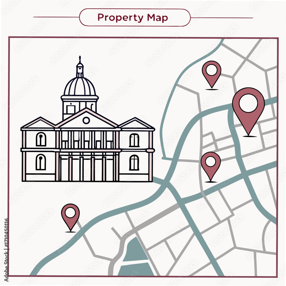 Map Out Building Stylized illustration of a property map showing a grand building with a ...