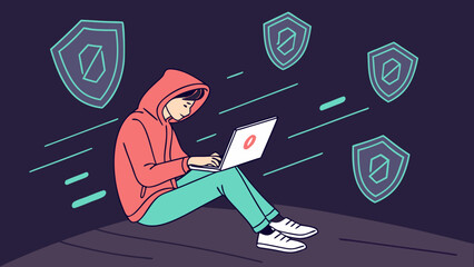 Ethical Hacker Protecting Systems with Cybersecurity Codes and Digital Shield in Futuristic Tech Background
