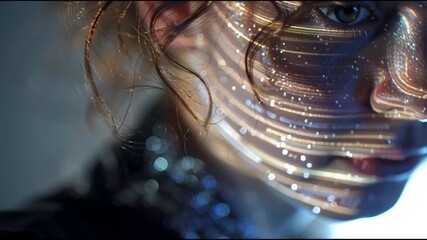 Dynamic side shot code shoulder and projected with lines wrapping across face of sparkles 4k 87560718 1
