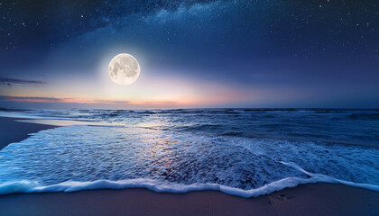 Wall Mural - Moonlit Beach At Night With Gentle Waves Under Celestial Glow