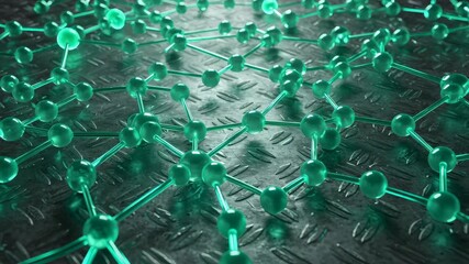 Abstract Green Molecular Structure on Metal Surface with Geometric Pattern and Faint Illumination