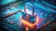 © German - A digital rendering of a glowing security padlock on a futuristic circuit board. Websites and blogs can use this for topics on cybersecurity, data protection, privacy, or digital security.