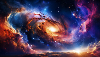 Wall Mural - The Image Shows A Stunning Cosmic Nebula With Swirling Clouds Of Gas And Dust Illuminated By Bright Stars Against A Dark Vast Expanse Of