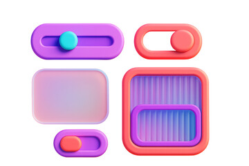Colorful glossy user interface sliders and buttons with rounded shapes in modern abstract style, isolated on white background. Ai generative