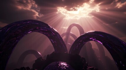 Abstract Purple Rings Under Dramatic Sky With Beams Of Light Illustration