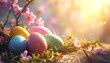 © selvy - A nest of colorful Easter eggs nestled amongst springtime blossoms, bathed in the warm sunlight, creating a joyful and vibrant spring scene.