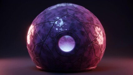 Abstract Spherical Object with Purple Hue Metal Plates and Central Aperture on Dark Background