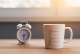 Coffee mug with checklist design sits on wooden table beside alarm clock blurred in background with warm sunlight, symbolizing effective time management, productivity and morning routine.
