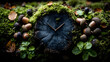 © Ketut - A dark-colored clock surrounded by moss, mushrooms, and acorns.