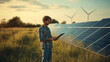 © atitaph - Young engineer using a tablet at a renewable energy farm with solar panels and wind turbines, representing sustainable technology, clean power, innovation, and the future of green energy solutions.
