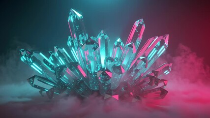 Crystal Cluster Formation Glowing Blue And Pink Hues Surrounded by Ethereal Mist On Dark Background Digital Art Style