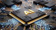 © emwe studio - Gold AI letters on a powerful black CPU chip with glowing orange and blue circuit pathways.
