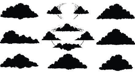 Collection of black cloud silhouettes arranged around a central glowing orb