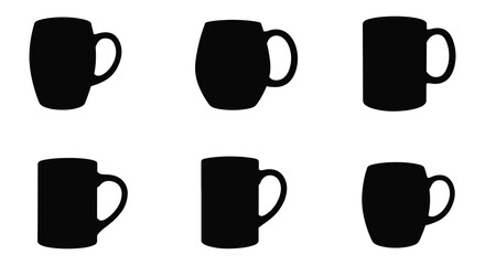 Simple black silhouettes of six coffee mugs arranged on a white background