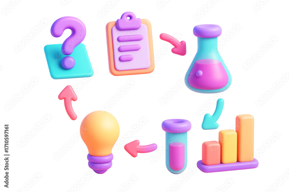 Colorful science-themed icons showing research process in clean, soft ...