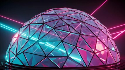 Geometric Dome Structure Illuminated with Pink and Blue Laser Lights on Dark Background