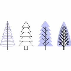 Vector art of set of stylized evergreen trees in outline, line, blue, and black