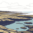 © RUJINA - Stylized illustration of a rocky coastline with calm blue water and distant pools under a cloudy sky