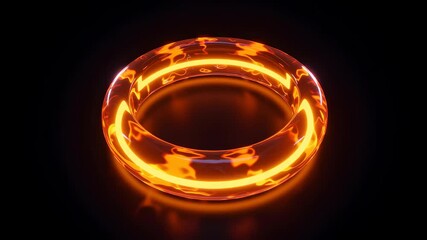 Illuminated Orange Glowing Torus on Reflective Black Background, Smooth Texture, Abstract Geometric Shape, Vivid Light, 3D Render