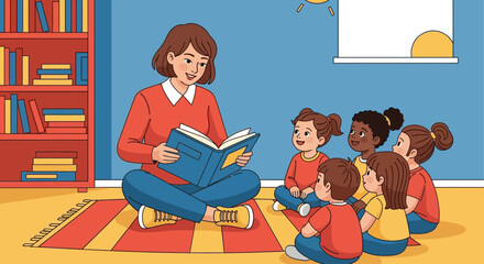 Teacher reading a storybook to attentive preschool children on a colorful rug.