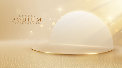 Wall Mural - Luxury golden podium with light effect and elegant bokeh effects on cream background.