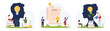 © Iconic Prototype - Brain development and training set. Tiny people grow light bulb inside silhouette of human head, develop cognitive skill and knowledge of student, award diploma to graduate cartoon vector illustration