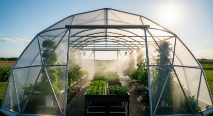 Wall Mural - Medium shot of a domeshaped polyhouse with sunlight filtering through its curved cover highlighting innovative crop growth under optimal conditions.