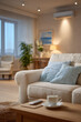 © Lela - cozy living room featuring turnedoff television displaying augmented reality daily forecast