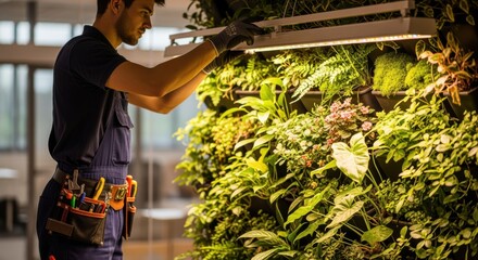 Wall Mural - Maintenance worker adjusting grow lights above a living wall to supplement natural light for optimum biophilic plant care.