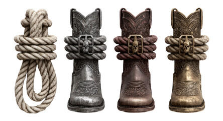 Isolated Western Boots and Rope on Transparent Background