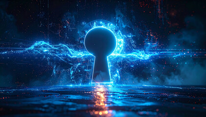 Digital Keyhole: An immersive digital artwork presents a glowing keyhole at the heart of a futuristic digital realm.