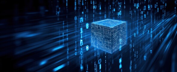 Wall Mural - A glowing cube surrounded by streams of binary code, representing data processing and digital technology.