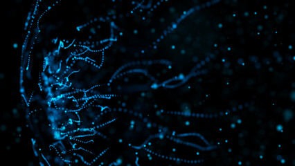 Wall Mural - Animated 3d render of glow abstract particles in defocus. Motion background with twisted lines