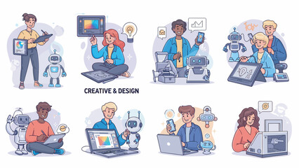 Creative people working on innovative projects with robots in modern office, showcasing collaboration and technological advancement with a futuristic vibe.