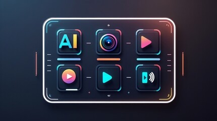  Futuristic AI content panel showing icons for text, image, video, and audio creation in one-touch smart media interface
