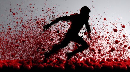 Silhouette of a runner exploding into red particles against a light background