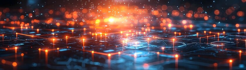 Wall Mural - futuristic digital network with glowing orange nodes and blockchain inspired connections