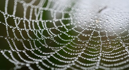 Delicate spiderweb, glistening with morning dew, intricate design.