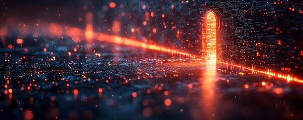 Wall Mural - a glowing red portal opens into a futuristic digital cyberspace with data streams and circuit patter