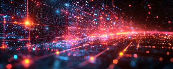 Wall Mural - abstract futuristic digital network with glowing red and blue lights symbolizing data flow and cyber