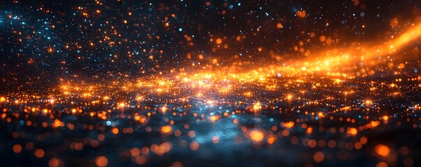 Wall Mural - abstract futuristic digital landscape with glowing orange and blue particles forming an energetic ne