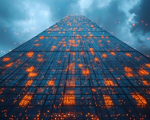 Wall Mural - a modern skyscraper with a digital data network integrated into its glass facade glows against a dra