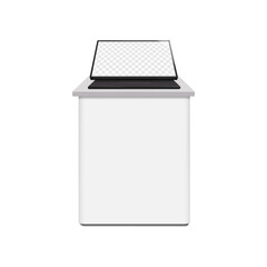Wall Mural - Touch screen self-service digital kiosk on white blank table. Realistic 3d vector mockup. Desktop interactive touchscreen retail display standing on desk. Mock-up. Empty LCD monitor screen. Template