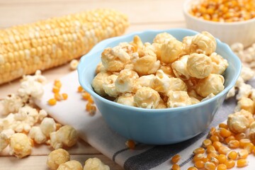 Wall Mural - Tasty popcorn and corn kernels on light wooden table, closeup