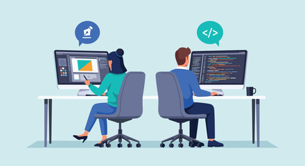 Diverse team collaborating on digital project with code and design interfaces displayed vector