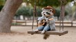 © ZinaZaval - A raccoon joyfully strums a guitar while sitting on a swing, wearing a stylish hat and creating a cheerful atmosphere indoors